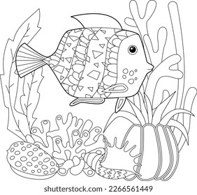 Contour linear illustration. Fish, seaweeds and ocean corals for coloring book. Cute objects, anti stress picture. Line art design for adult or kids in zentangle style and coloring page.