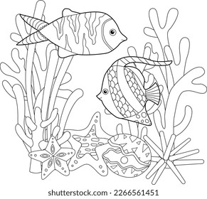 Contour linear illustration. Fish, seaweeds and ocean corals for coloring book. Cute objects, anti stress picture. Line art design for adult or kids in zentangle style and coloring page.