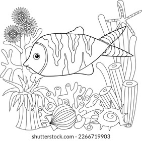 Contour linear illustration. Fish, seaweeds and ocean corals for coloring book. Cute objects, anti stress picture. Line art design for adult or kids in zentangle style and coloring page.