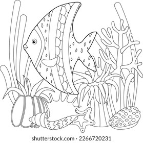 Contour linear illustration. Fish, seaweeds and ocean corals for coloring book. Cute objects, anti stress picture. Line art design for adult or kids in zentangle style and coloring page.