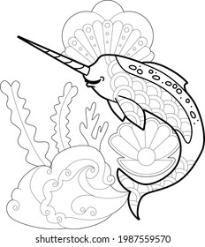 Contour linear illustration with marine animal for coloring book. Cute narwhal, anti stress picture. Line art design for adult or kids  in zentangle style and coloring page.