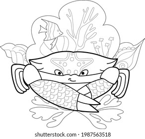 Contour linear illustration with marine animal for coloring book. Cute crab, anti stress picture. Line art design for adult or kids  in zentangle style and coloring page.