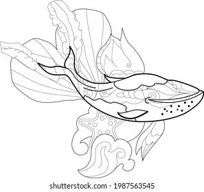 Contour linear illustration with marine animal for coloring book. Cute whale, anti stress picture. Line art design for adult or kids  in zentangle style and coloring page.