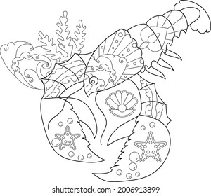 Contour linear illustration with marine animal for coloring book. Cute lobster, anti stress picture. Line art design for adult or kids  in zentangle style and coloring page.