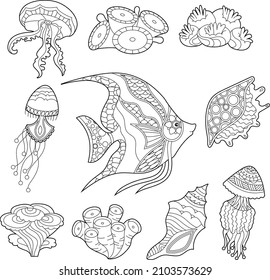 Contour linear illustration. Set  with fish and ocean corals for coloring book. Cute objects, anti stress picture. Line art design for adult or kids in zentangle style and coloring page.