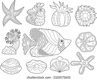 Ilustración lineal de contorno. Está decorado con peces y corales oceánicos para libros de colores. Objetos pequeños, imagen antiestrés. Diseño de líneas de arte para adultos o niños en estilo zentangle y página de coloreo.
