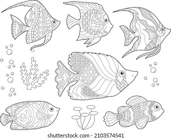 Contour linear illustration. Set  with fishes and ocean corals for coloring book. Cute objects, anti stress picture. Line art design for adult or kids in zentangle style and coloring page.