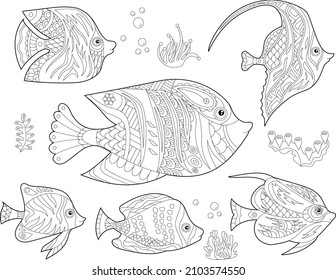 Contour linear illustration. Set  with fishes and ocean corals for coloring book. Cute objects, anti stress picture. Line art design for adult or kids in zentangle style and coloring page.
