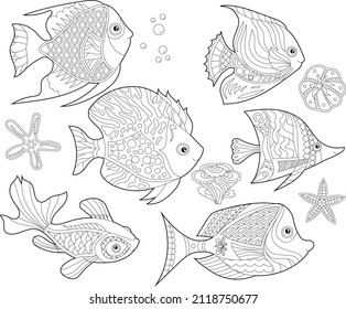 Contour linear illustration. Set  with fishes and ocean corals for coloring book. Cute objects, anti stress picture. Line art design for adult or kids in zentangle style and coloring page.