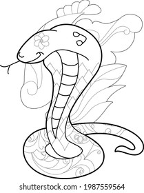 Contour linear illustration with snake for coloring book. Cute cobra, anti stress picture. Line art design for adult or kids  in zentangle style and coloring page.