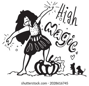 Contour linear image of a small cheerful witch standing on a pumpkin and mice