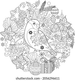 Contour linear winter illustration with bullfinch. Traditional Christmas ornament,   decoration,  anti stress picture. Line art design for adult or kids  in zen-tangle style and coloring page.