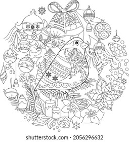 Contour linear winter illustration with bullfinch. Traditional Christmas ornament,   decoration,  anti stress picture. Line art design for adult or kids  in zen-tangle style and coloring page.