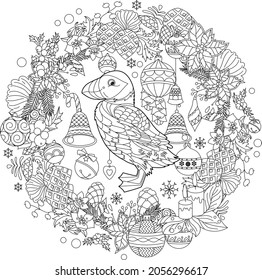 Contour linear winter illustration with puffin. Traditional Christmas ornament,   decoration,  anti stress picture. Line art design for adult or kids  in zen-tangle style and coloring page.