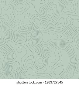 Contour lines. Actual topographic map in green tones, seamless design, symmetrical tileable pattern. Vector illustration.