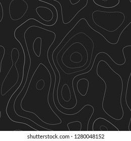 Contour lines. Actual topography map. Dark seamless design, imaginative tileable isolines pattern. Vector illustration.