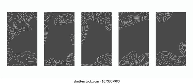 Contour lines on topographic maps, geographic map pattern. Vector set of social media stories template with copy space