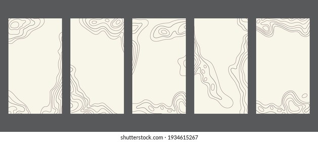 Contour lines on topographic maps, geographic map pattern. Vector set of social media stories template with copy space