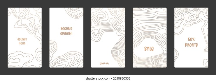Contour lines on topographic maps, geographic map background. Vector set of social media stories template with copy space