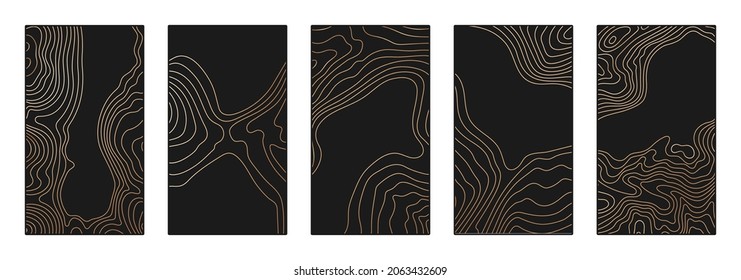 Contour lines on topographic maps, geographic map background. Vector set of social media stories template with copy space