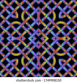 Contour lines seamless pattern. Celtic ornament. Repeat curved lines grid backdrop. Ethnic tribal style line art floral ornaments. Gradient vector design. Abstract shapes, knots, contours, flowers.