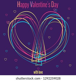 Contour lines in shape of heart, neon color on dark blue background. Romantic valentine's day design. Pattern of contour lines. Used bright neon colors. Vector illustration.