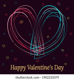 Contour lines in shape of heart in neon color against dark burgundy background. Romantic valentine's day design. Pattern of contour lines in bright neon colors. Vector illustration of festive design.