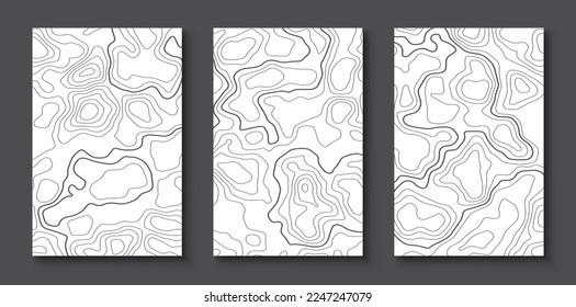 Contour lines for topographic maps, geographic map drawing. Vector template set