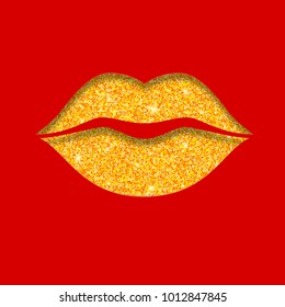 Contour of lips cut from paper with glitter effect and red background. Outline icon of mouth, vector pictogram. Symbol of kiss from golden particles dust.