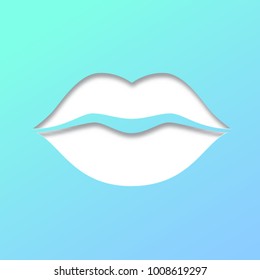 Contour of lips cut from paper on white background. Outline icon of mouth, vector pictogram. Symbol of kiss, paper art carving with blue gradient from material palette.