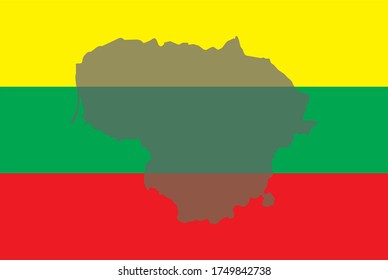 Contour of Lithuania on National flag. Сountry shape on National flag background.