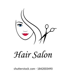 Contour logo for beauty salon. Woman face and scissors. Vector illustration.