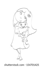 Contour of  lovely girl embracing favourite cat on isolated white background. Vector, Illustration