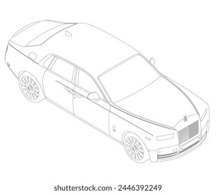 Contour of a luxury car on a white background. Modern sport car sketch line outline isolated on white background in isometric view. Vector illustration. 3D.
