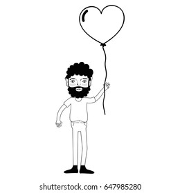 contour man with beard and heart balloon in the hand