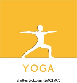Contour of man in yoga pose on the colour background. Vector yoga illustration. Human makes exercises of yoga. Silhouette of yogi in yoga asana. Yoga poster. Linear, flat yoga illustration.