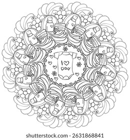 Contour mandala with baby clothes and accessories, meditative coloring page vector illustration for baby shower party or holiday activity