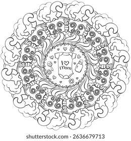 Contour mandala with baby clothes and toys, meditative coloring page vector illustration for baby shower party or holiday activity
