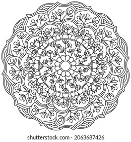 Contour mandala with bunches of berries and leaves and flowing curls, coloring page in the form of a circle with plant motifs vector illustration