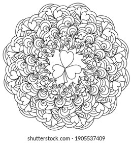 Contour mandala with clover coloring page with swirls for st patrick's day vector illustration