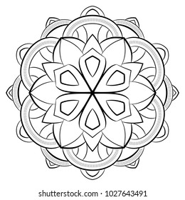 Contour mandala for color book. Monochrome illustration. Symmetrical pattern in a circle. A beautiful image for scrapbook. The template for printing on fabric. Picture for meditation and relaxation.