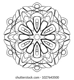 Contour mandala for color book. Monochrome illustration. Symmetrical pattern in a circle. A beautiful image for scrapbook. The template for printing on fabric. Picture for meditation and relaxation.