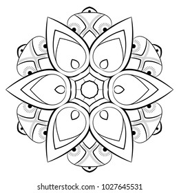 Contour mandala for color book. Monochrome illustration. Symmetrical pattern in a circle. A beautiful image for scrapbook. The template for printing on fabric. Picture for meditation and relaxation.