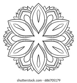 Contour mandala for color book. Monochrome illustration. A repeating pattern in the circle. Image for scrapbook. Picture for meditation and relaxation. Octagonal graphic outlet. Stylized flower.