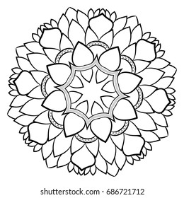 Contour mandala for color book. Monochrome image. Symmetrical pattern. Illustration for scrapbook. The template for printing. Picture for relaxation. Styling leaves.