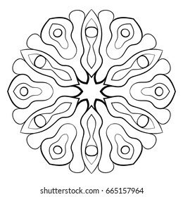 Contour mandala for color books. Monochrome image. A repeating pattern. Illustration for scrapbook. Symmetrical elements. The template for printing on fabric. Picture for meditations. Wavy lines