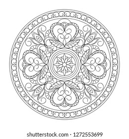 Contour mandala  in damask, Arabic, turkish, pakistan motifs. Image for anti-stress therapy, adult coloring books,  engraving, decorate dishes, labels, greeting, visit, invitation cards. eps 10 