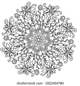 Contour mandala of doodle flowers with a large flower in the center, zen coloring page with plant motifs, outline vector illustration