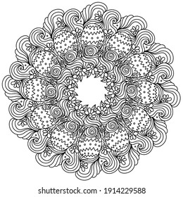Contour mandala with Easter eggs and curls, coloring page on a festive theme vector illustration