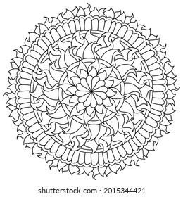 Contour mandala con elementos florales, página de color zen en forma de círculo con patrones de ilustración vectorial